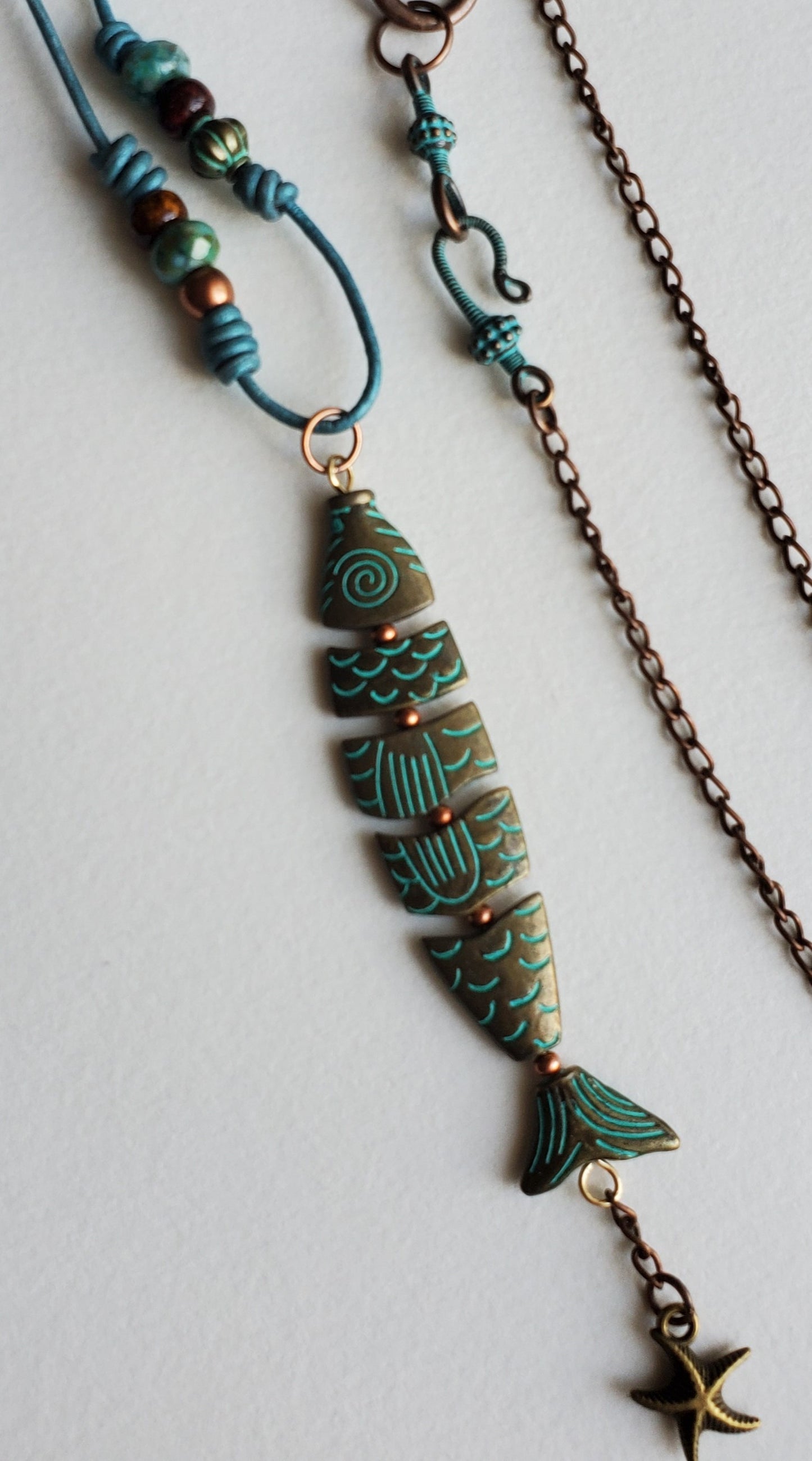 Turquoise Brass Segmented Metal Fish Pendant on Leather Necklace