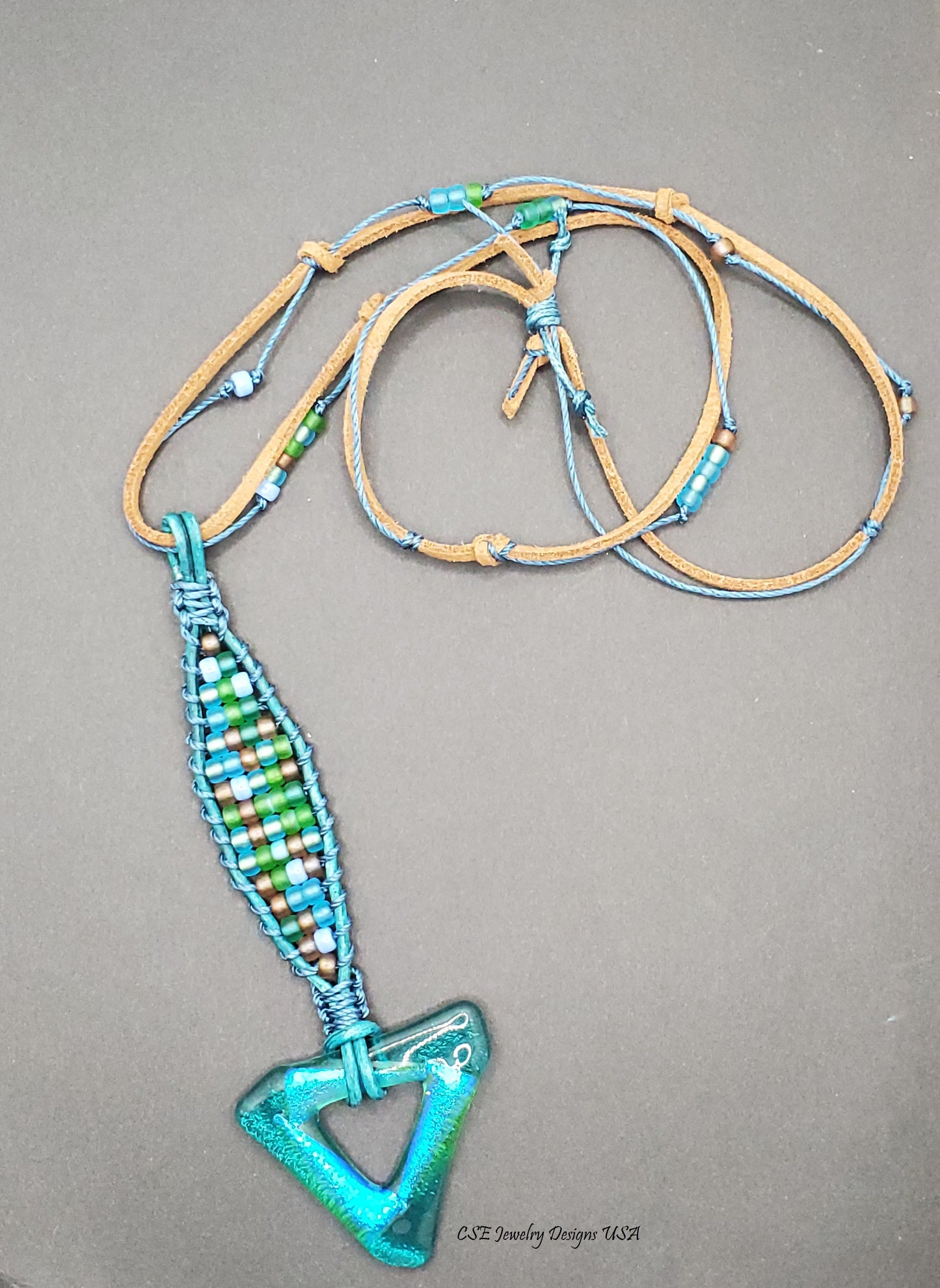 Dichroic Glass Triangle Pendant on Beaded Leather Necklace