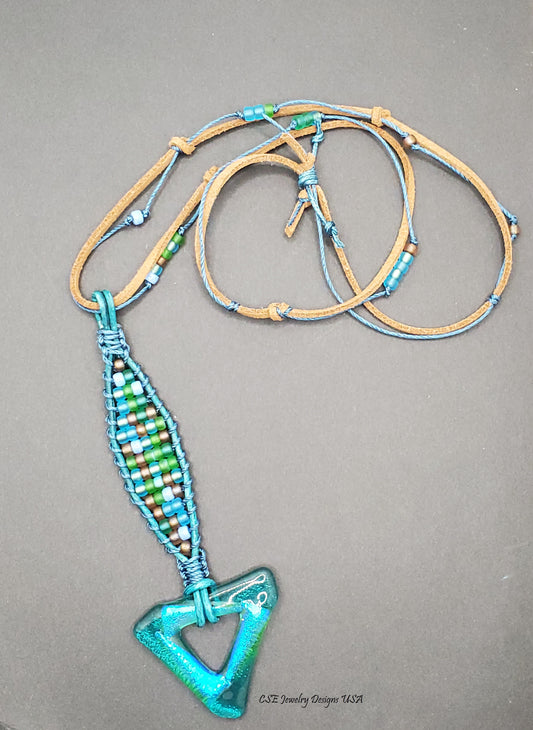 Dichroic Glass Triangle Pendant on Beaded Leather Necklace