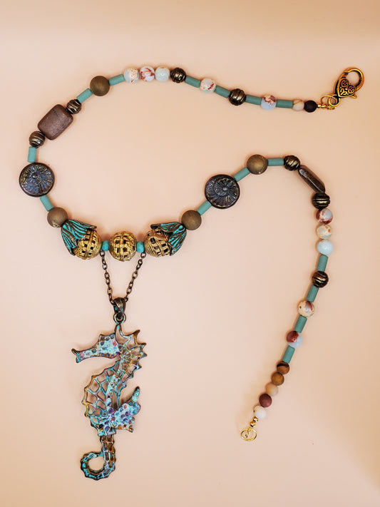 Sea Horse Patina Hinged Tail Necklace