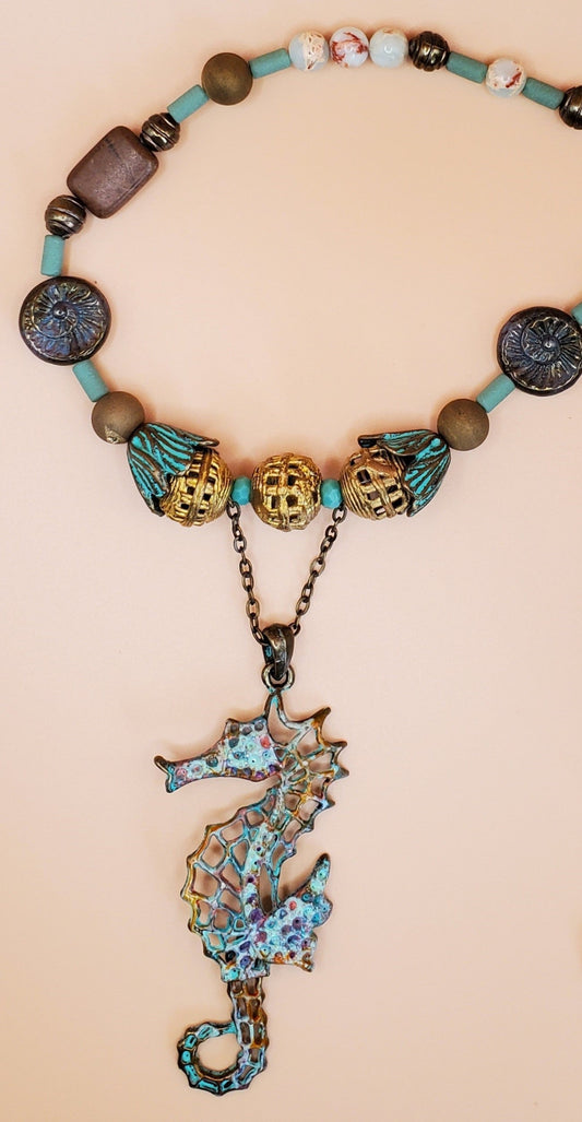 Sea Horse Patina Hinged Tail Necklace