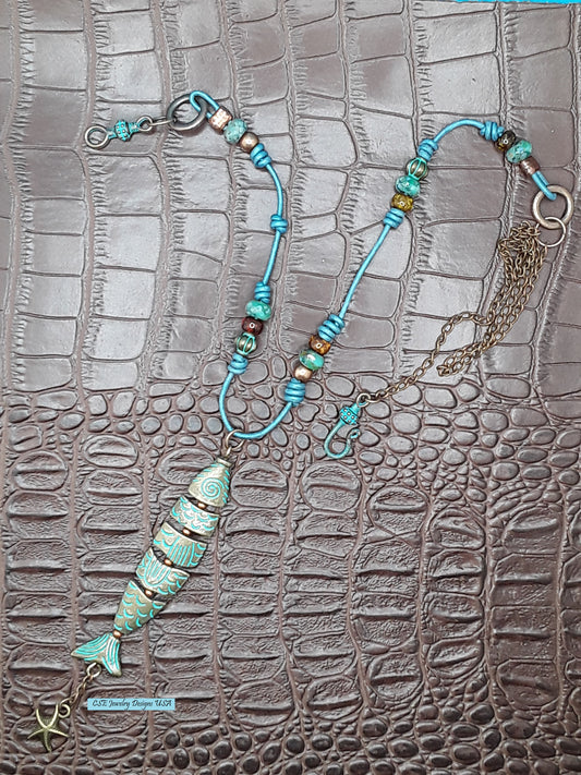Turquoise Brass Segmented Metal Fish Pendant  on Leather Necklace