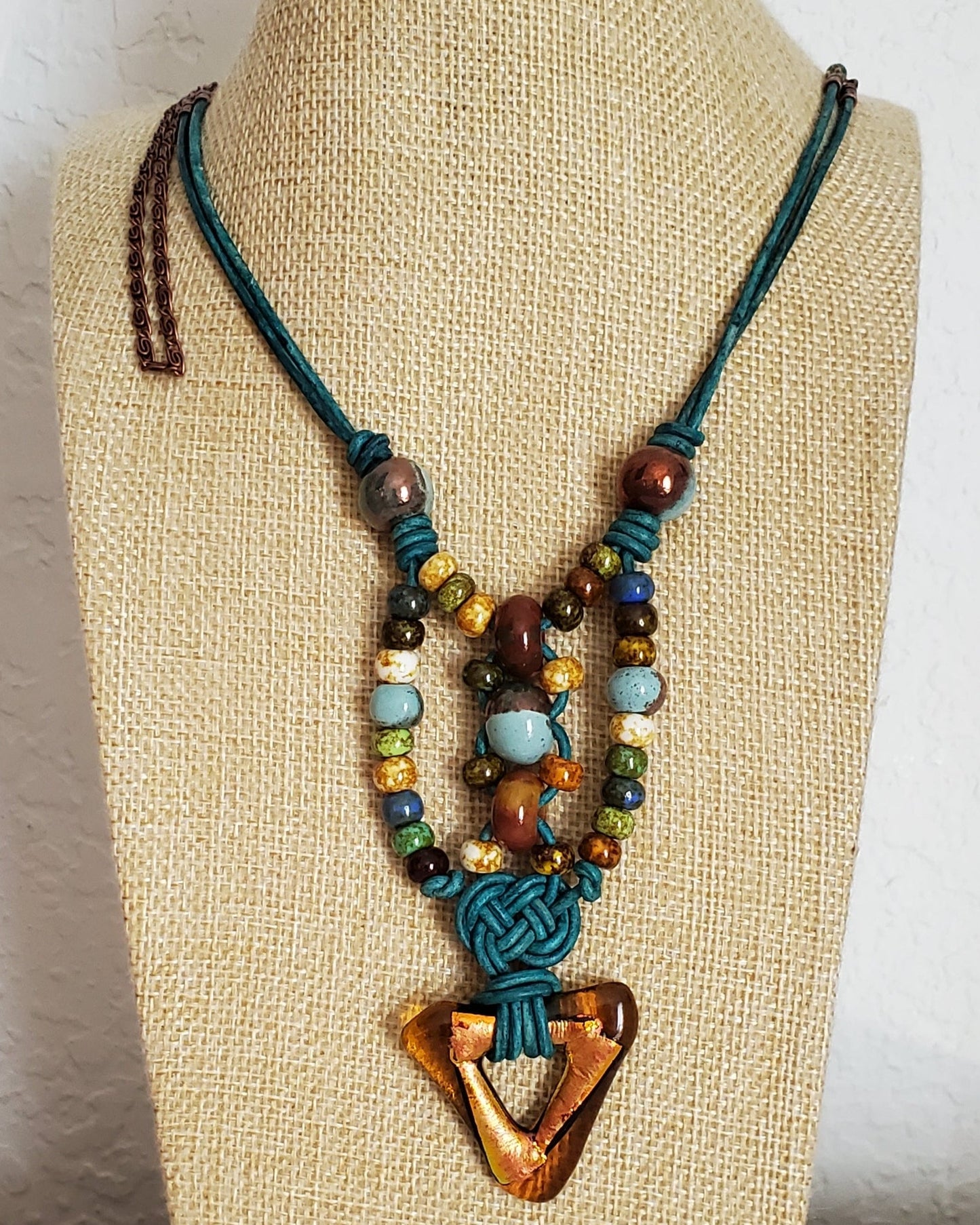 Copper Dichroic Glass On Leather and Copper Chain
