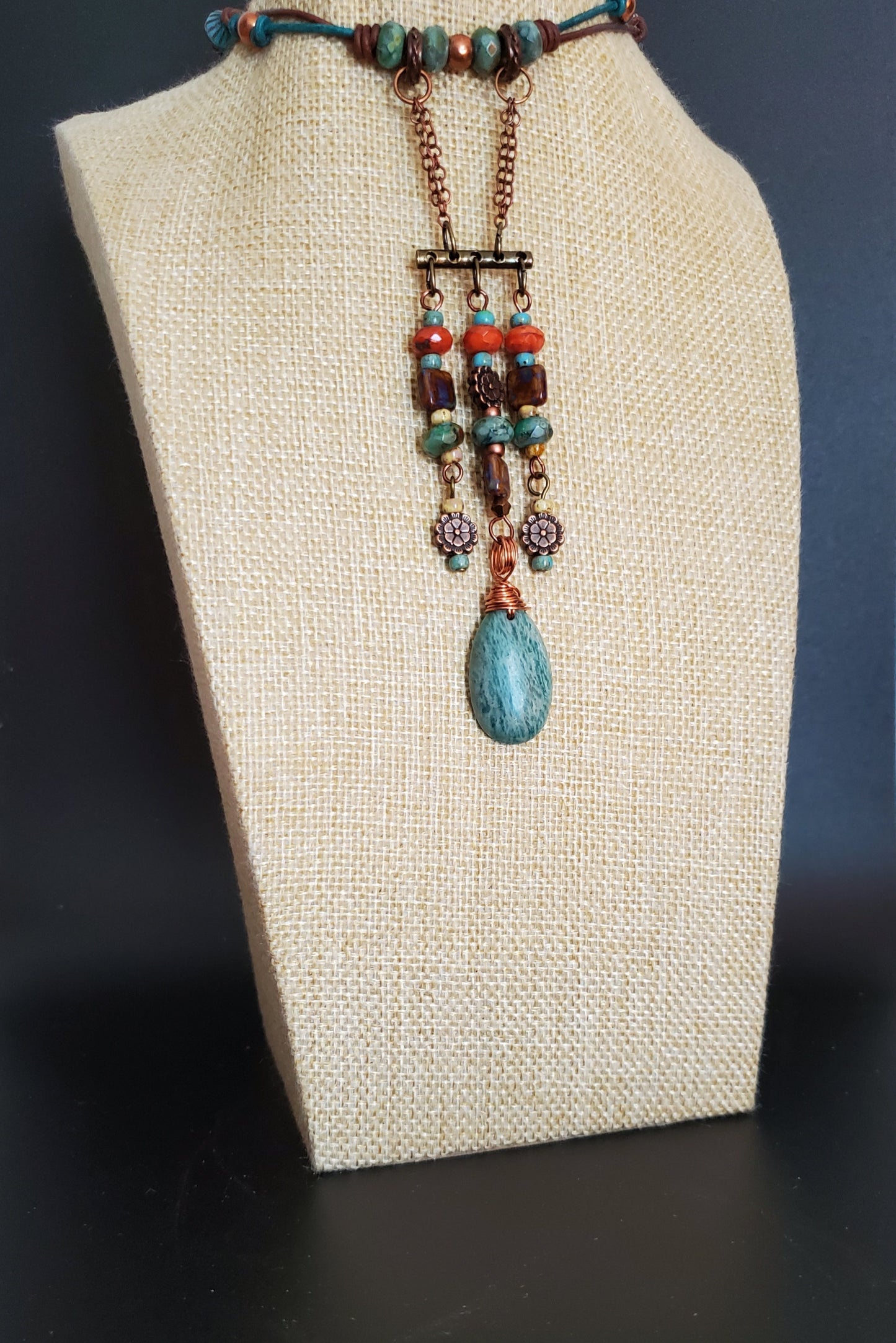 Boho Leather Gemstone Amazonite Necklace