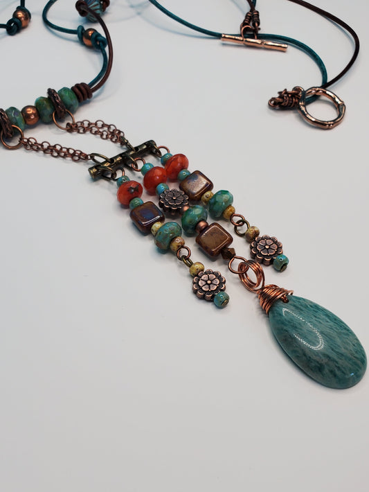 Boho Leather Gemstone Amazonite Necklace
